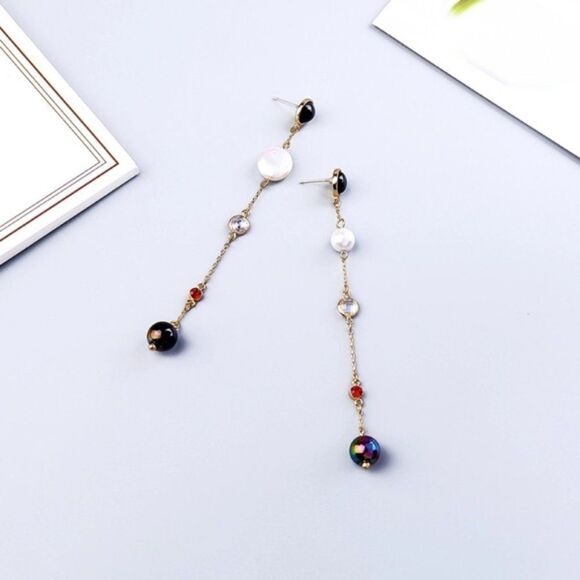 Pearl Crystal Rhinestone Gold Drop Dangle Earrings - Picture 10 of 12